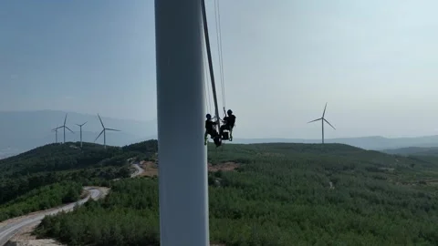 Aerial view of workers working at wind power plant Stock Footage 294949250