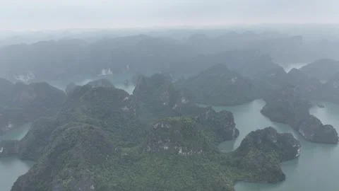 Aerial view of World Heritage Site Halong Bay with cruise boats, Vietnam Stock Footage 285803864