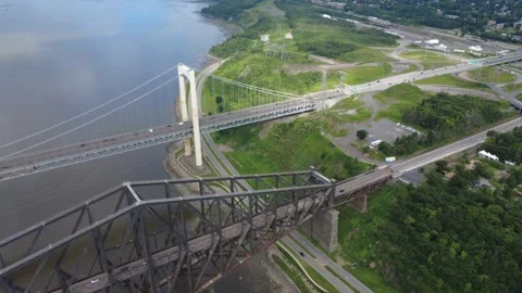 Aerial view of the world's largest cantilever bridge, the Quebec Bridge. Stock Footage 320261999