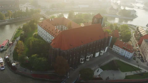 Aerial view of Wroclaw center with historical buildings, churches and Odra River Stock Footage