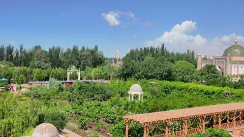 Aerial view of Xiang Fei Tomb among the trees in Kashgar Stock Footage 342863553