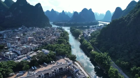 Aerial View of Xingping Town and Li River Karst Mountains in Guilin China Video stock 342102953