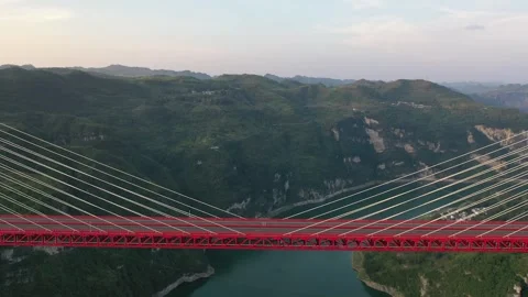 Aerial View of Yachi River Bridge in Guizhou, China at Sunset 스톡 동영상 345151504