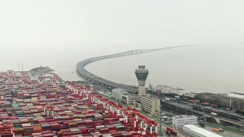 Aerial view of Yangshan port in Shanghai, China Stock Footage 150362453