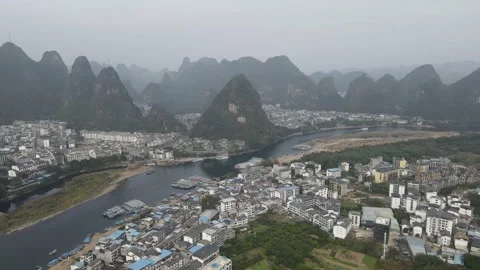 Aerial View of Yangshuo Li River Karst Town Landscape Stock-Footage 231938121