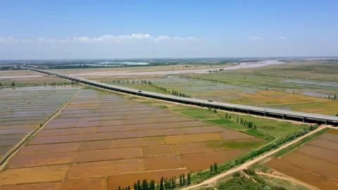 Aerial view of Yellow River Bridge, paddy fields in spring. Stock Footage 293337375