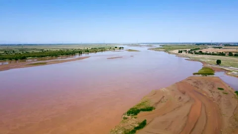 Aerial view of the Yellow River Plain in autumn with rivers and fields Stock Footage 295861706