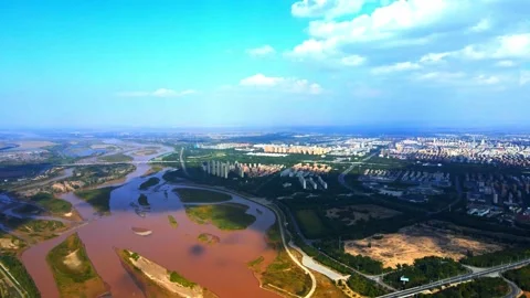 Aerial view of the Yellow River plain, city and river. Stock Footage 296271079
