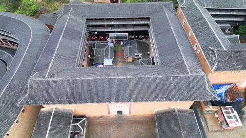 Aerial View of Yongding Tulou Clusters in Longyan, Fujian Stockbeeldmateriaal 347286653