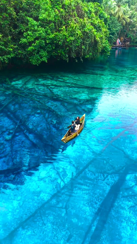 Aerial view of a young man and young woman in a wooden canoe on clear blue Stock Footage 346749004