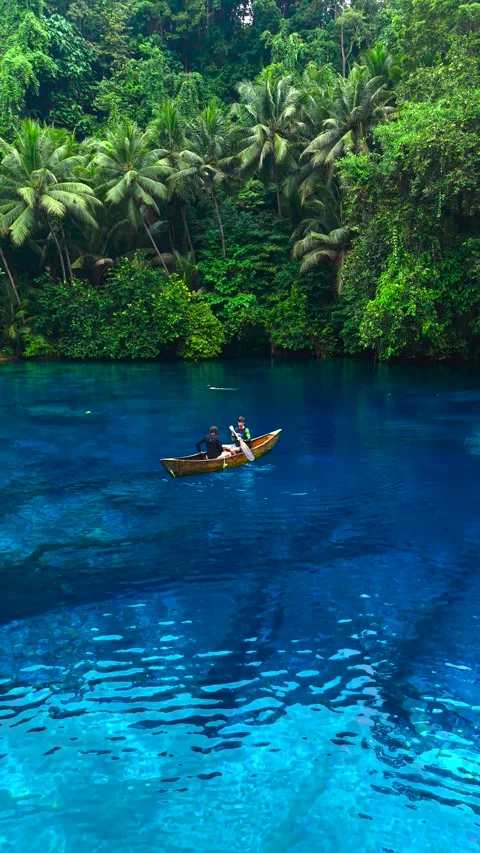 Aerial view of a young man paddling a wooden canoe with a young woman on blue Stock Footage 346055232