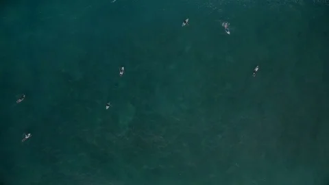 Aerial view of young man stand up paddle boarding on blue ocean waves 스톡 동영상 76693761