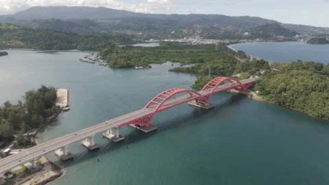 Aerial View of Youtefa Red Bridge Jayapura Papua Indonesia RAW Drone Shot Stock Footage 340876910