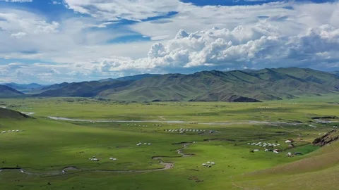 Aerial view of yurts in steppe in Mongolia Stock Footage 114414060