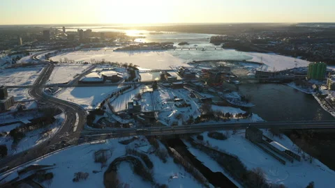 Aerial view of Zibi development in Ottawa Stock Footage 148381388
