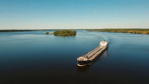 Aerial view:Barge on the river. Stock Footage