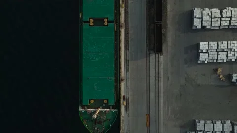 Aerial  view(camera down) of the Port With Cargo Fishing Ships and Cranes Stock-Footage 163098024