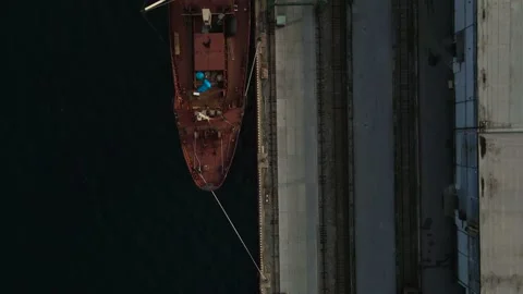 Aerial  view(camera down) of the Port With Cargo Fishing Ships and Big Cranes Stock Footage 163098026