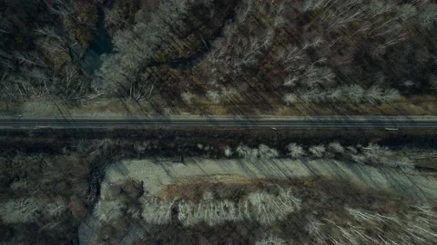 Aerial view(camera down) of the Railroad Bridge above Highway, Sunny in Autumn Stock Footage 165467018