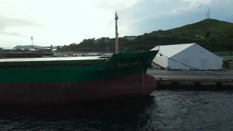 Aerial view(camera side parallel) of the Port With Cargo Fishing Ships, Cranes Stock Footage 163098352