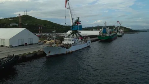 Aerial  view(camera side) of the Port With Cargo Fishing Ships and Cranes Stock Footage 163098170