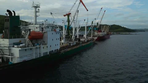 Aerial  view(camera side) of the Port With Cargo Fishing Ships and Big Cranes Stock Footage 163098179