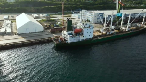 Aerial view(camera side) of the Port With Cargo Fishing Ships, Cranes Stock Footage 163098901