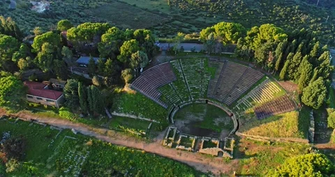 Aerial view,circular motion, of the archaeological area of Tindari Stock Footage 238523219