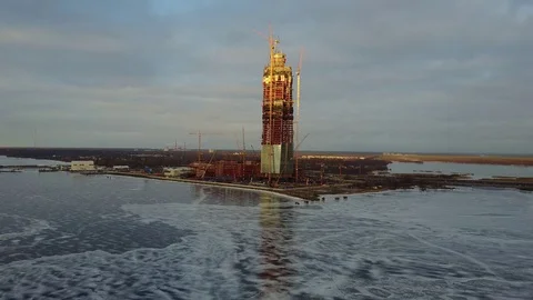Aerial view:Construction of Lakhta Center,largest construction project in Europe Stock Footage 70937760
