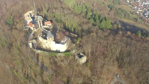 Aerial view,flight at  Frankenstein Castle, Eberstadt, Odenwald, Hesse, Germa Stock Footage 104432038