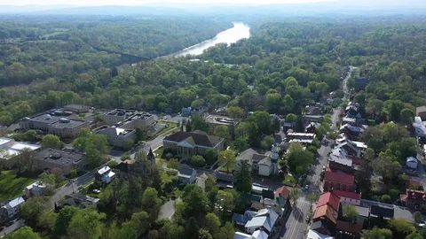 Aerial views backing away from Shepherd University in Shepherdstown, West Stock Footage 129642726