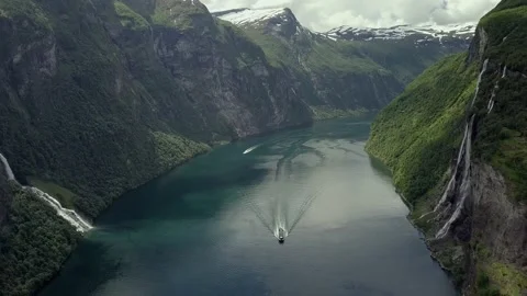 Aerial views of Geiranger landscapes in the summer in Norway Stock Footage