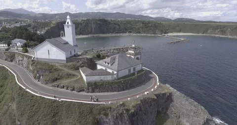Aerial views of the Luarca lighthouse in 4k Stock Footage 138059839