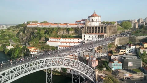 Aerial views of Luis I Bridge between Porto and Vila Nova de Gaia, crossing the  Stock Footage 242512928