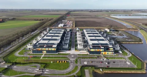 Aerial views on the new build data center at agriport, cloud space, large Stock Footage 301588068