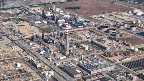 Aerial views reveal the extensive layout of an oil refinery Stock Footage 334028443
