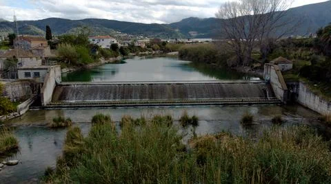Aerial views of the Serpis river as it passes through Villalonga Stock Photos