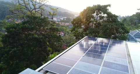 Aerial viiew of solar panels on the roof of villa Stock Footage