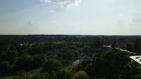 Aerial, Village, Sown Fields, Empty Road, Grassland, Wheat and Corn of Fields Stock Footage 162621382