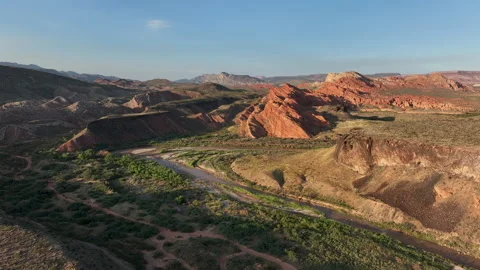 Aerial Virgin River gorge St George Utah red rock fast 4K Stock Footage 249864108