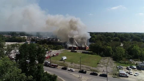 Aerial of Warehouse Fire With Explosion Stock Footage 116885051