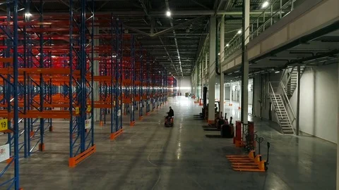 Aerial: Warehouse interior. Camera is moving forward. Stock Footage 77277949