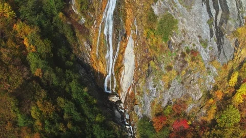 Aerial waterfall in colourful fall forest, autumn hiking in caucasus mountains Stock Footage 305604352