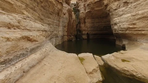 Aerial of waterfall at Ein Avdat Nature Reserve. Negev. Israel. DJI-0045-02 스톡 동영상 123660028