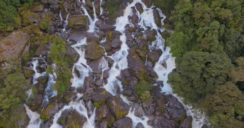 Aerial: Waterfall in native forest in the west coast, Haast, New Zealand Stock Footage 246251935