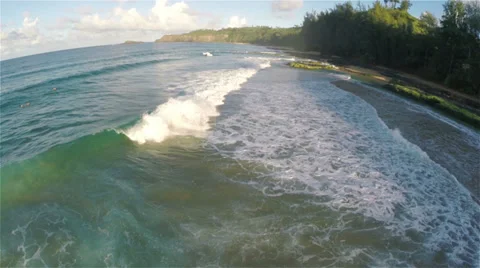 Aerial: Wave Breaking Alongside Beautiful Beach while Surfers Paddle Out Видео 36359695