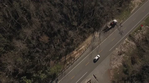 Aerial white Car driving by on empty Small Road in Dead Dry Forest in USA Vídeo Stock 135883616