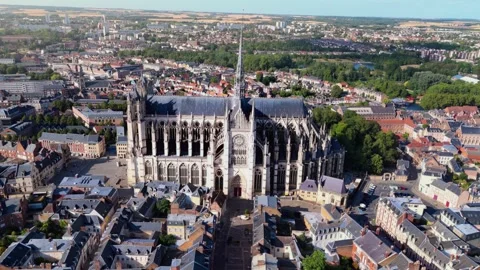 Aerial wide angle drone view static of the Notre Dame D'amiens in France at Stock Footage 341314788
