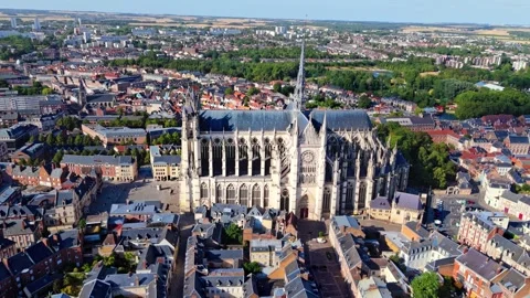 Aerial wide angle drone view panning around the Notre Dame D'amiens in France Stock Footage 341314851
