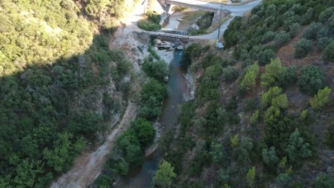 Aerial wide angle of a green forest river canyon and small bridge Stock Footage 343961996